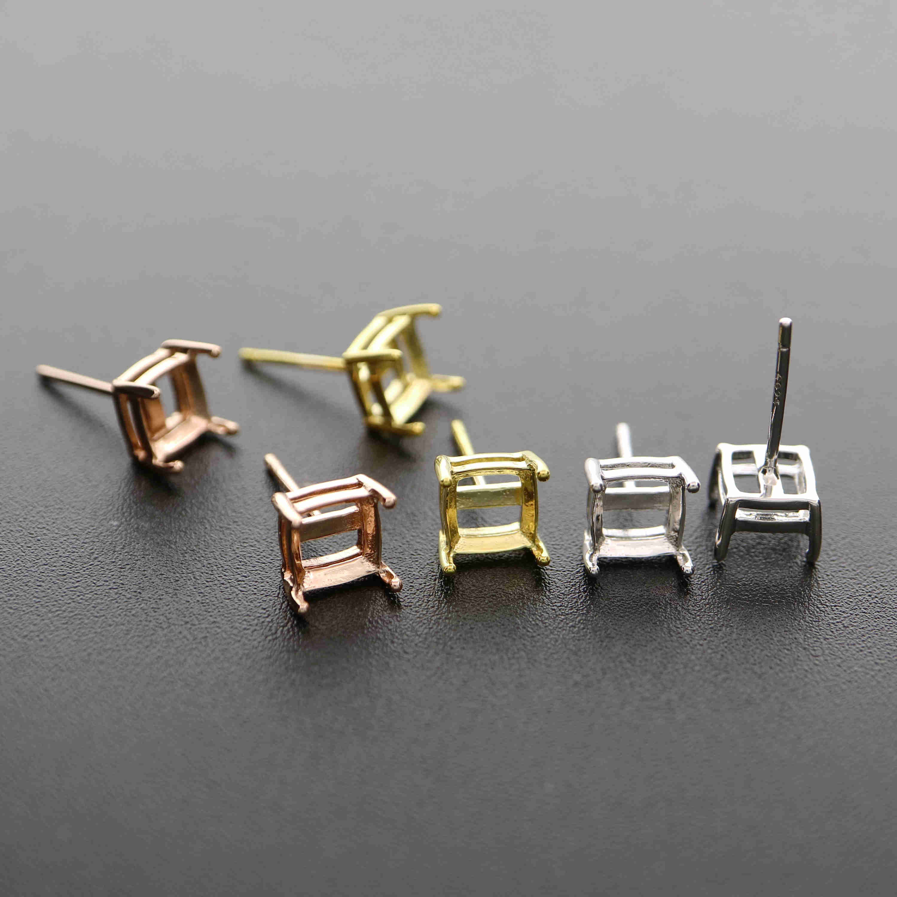 1Pair 4-6MM Square Solid 925 Sterling Silver Rose Gold Tone DIY Prong Studs Earrings Settings Bezel 1706023 - Click Image to Close